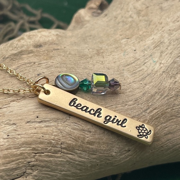 Gold or Silver Stamped BEACH GIRL Pendant w Abalone Shell Crystal Beads Necklace - Picture 16 of 16